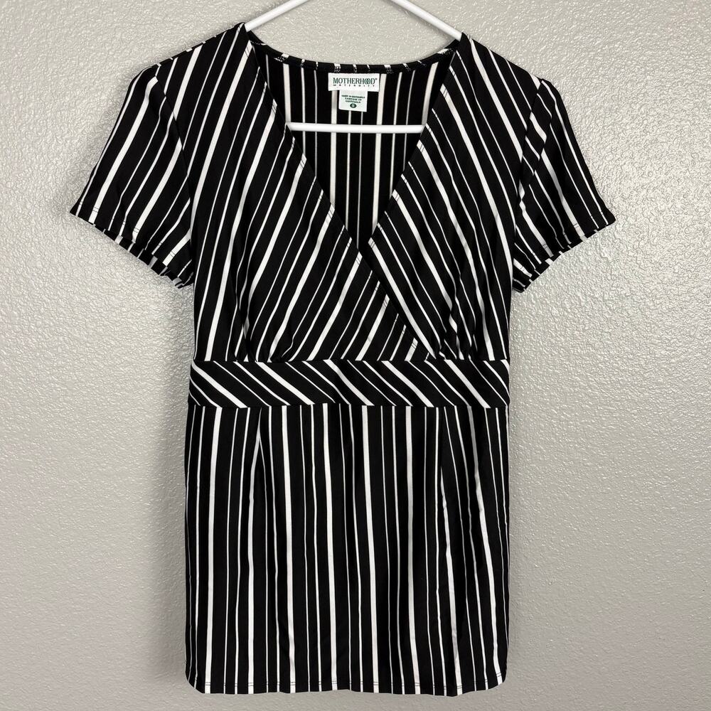 Motherhood Maternity Size Small Black White Striped V-Neck Blouse Tie Around Bow